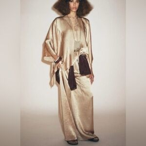 Zara Zw Collection Gold Satin Wide Leg Flowy Pants With Elastic Waist Sz-M